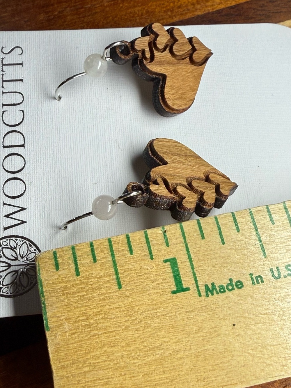 Hand Laser Wood Cut Heart Shaped Dangle Earrings - Picture 4 of 4